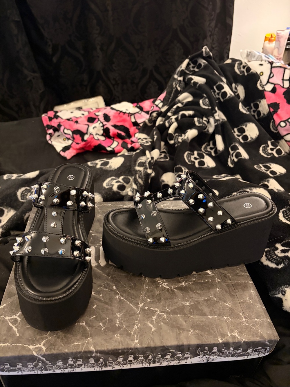 Dolls Kill Black Patent Studded Platform Slide Sandals - Picture 2 of 6